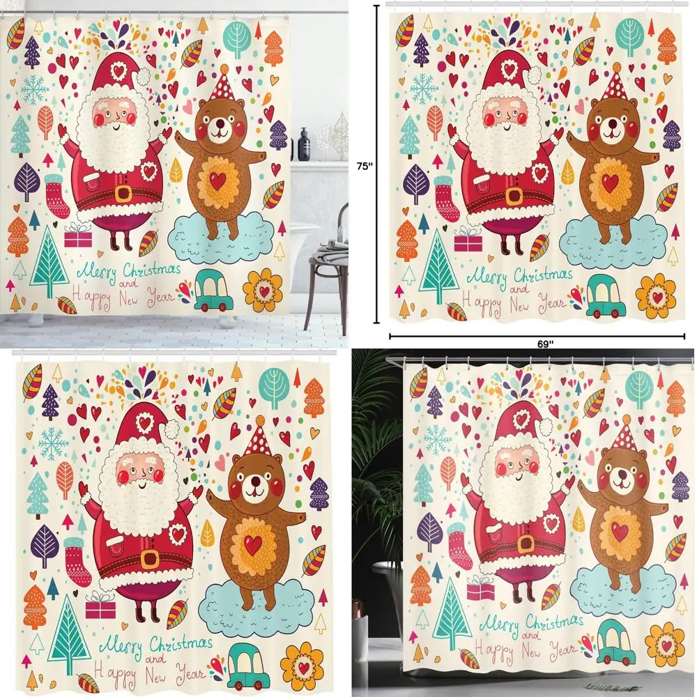 

vintage santa & teddy bear christmas shower curtain, festive season decorations for party, fabric bathroom curtain