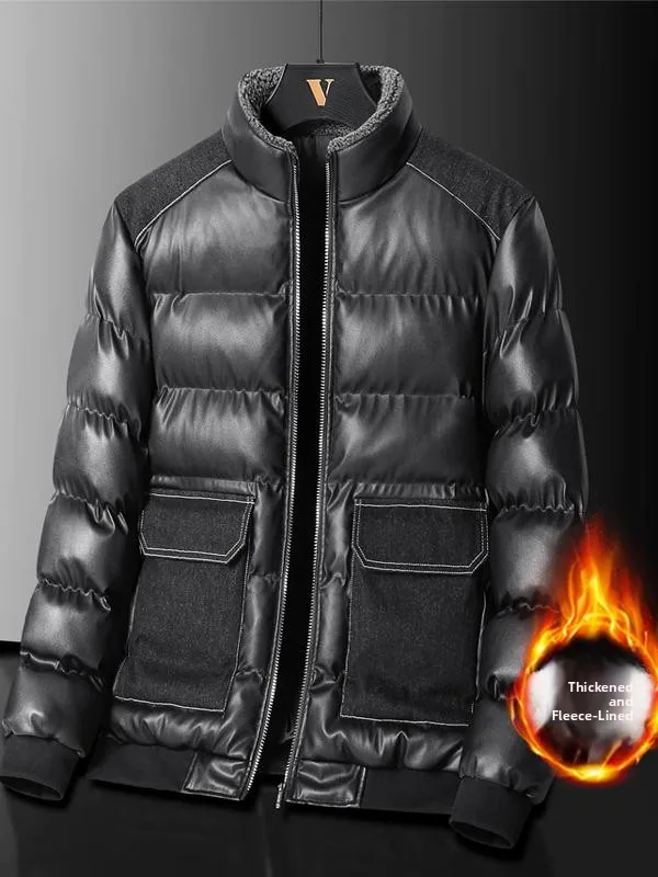 

Мужская зимняя утепленная хлопковая куртка с кожаными элементами, повседневная, теплая, с воротником, свободного кроя, в городском стиле