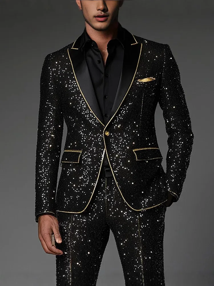 Mens Black Sparkly Sequin Tuxedo Suit Gold Trim Shawl Lapel Jacket Pants Set Wedding Prom Party Stage Costume