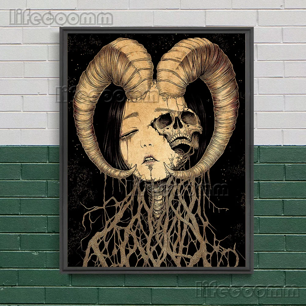 Creepy Demon Girl Gothic Wall Art Canvas Painting,Dark Pagan Witchcraft Art Poster And Print Home Decoration Unframed