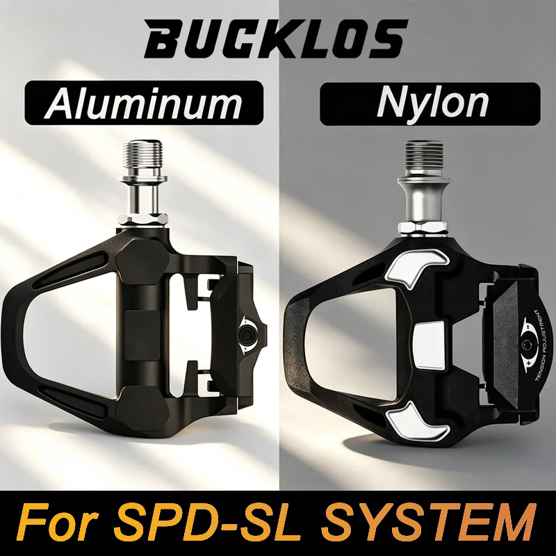 

BUCKLOS Road Bike Aluminum Pedals 6 Degree Bicycle Self-Locking Pedal with Locking Plate for SPD-SL Cr-Mo Steel/Titanium Spindle