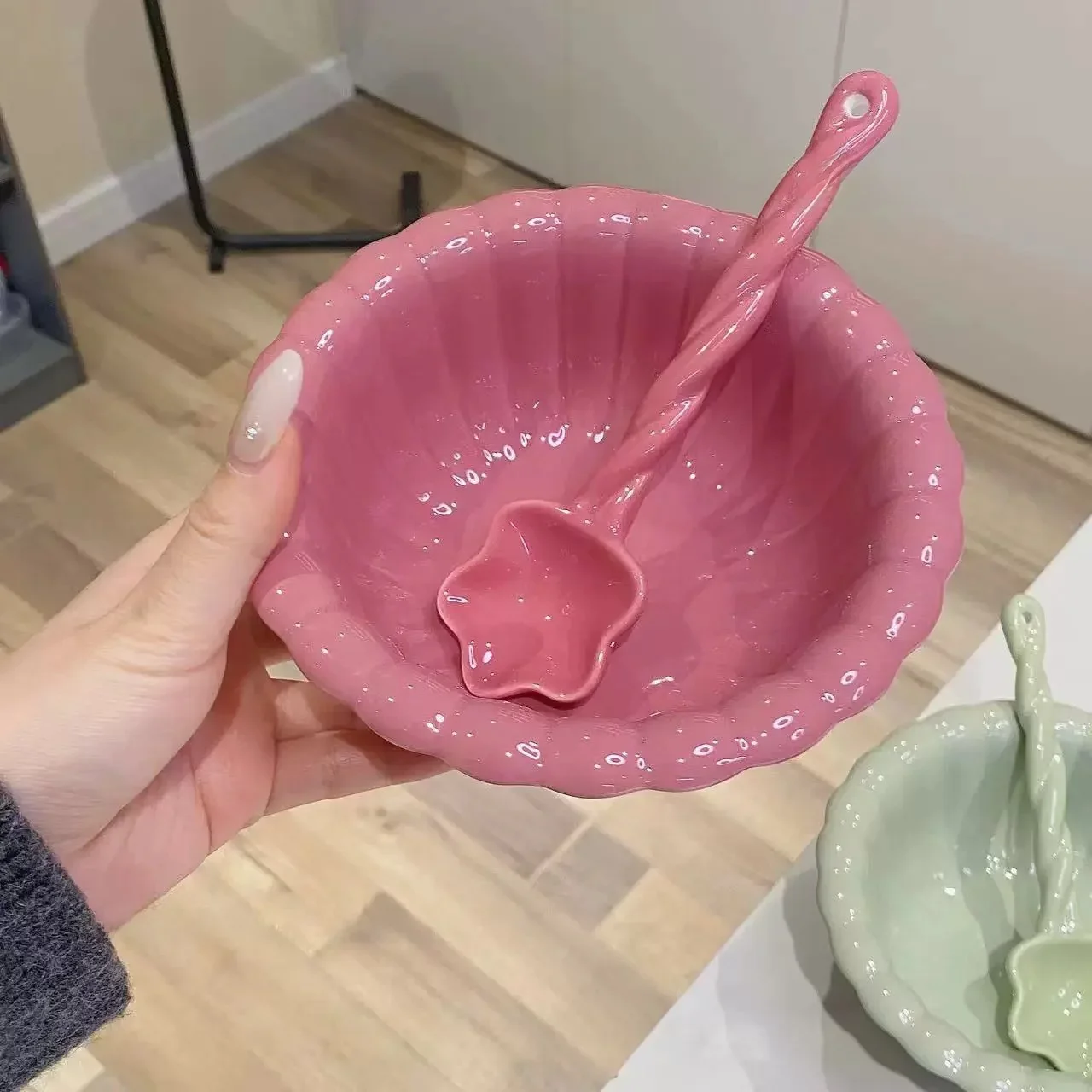 Ceramic Bowl Set with Spoon Cream Style Home Use High Aesthetic Value Cute Salad Bowl Dessert Fruit Soup Bowl Large Diameter view 5