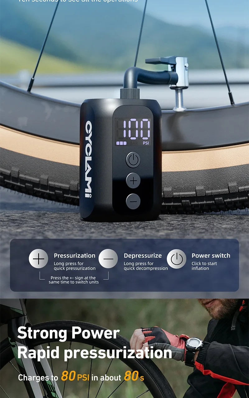 CYCLAMI 100 PSI Hochdruck-Minipumpe mit Display, tragbare elektrische Taschenpumpe für Fahrräder, schneller Kompressor, Reifenfüller – Detail 4