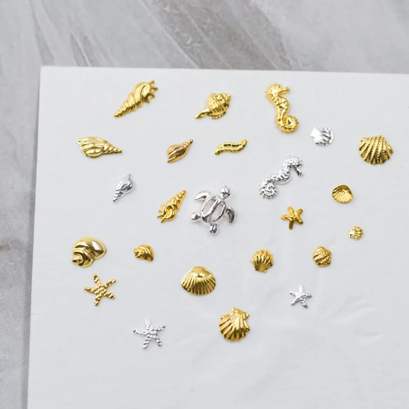 500pcs léto designs dráp umění kov plátky hřeby multi-shapes shell/starfish/seahorse gold/silver dráp dekorace