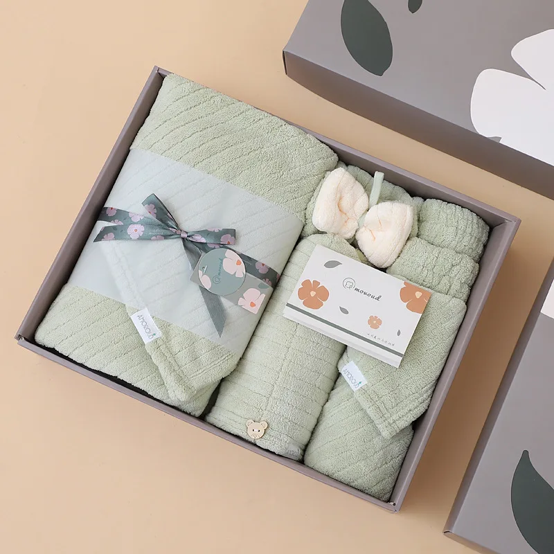 Coral fleece plain drawer towel bath towel gift box set soft absorbent three-piece set