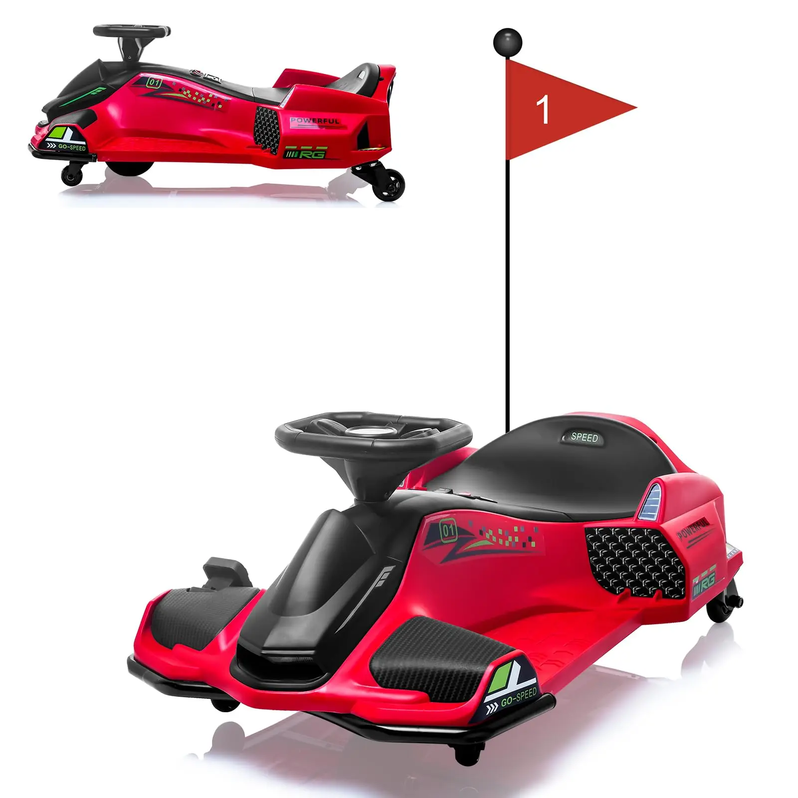 24V Kids Electric Drift Go Kart 180W Brushless Motor, 7Ah Battery, Music, LED Lights, Low Power Alarm, 110LB Capacity Ages 8+