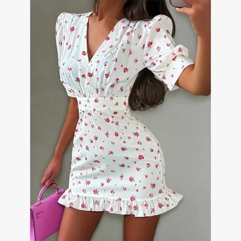 Chic Printed Slim Fit Mini Dress Women Elegant V-neck Puff Short Sleeves Waist Cinching Dresses 2026 Summer Lady Party Robes New