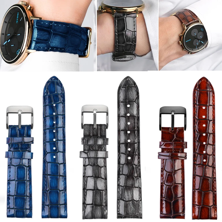 For any brand crocodile texture Calfskin Leather Watchband 18mm 20mm 22mm Blue Green brown grey Men\'s Watch Strap Accessories