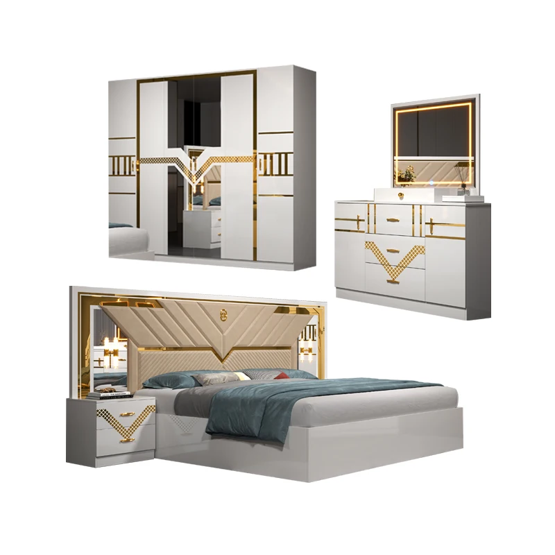 Foshan wholesale full set king leather bed room double wooden home cheap queen bed modern luxury bedroom set furniture