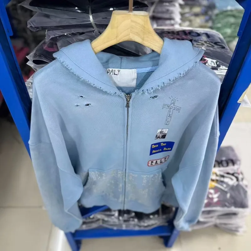 Rhinestone Letter Paly Hollywood Zip Up Hoodie Men Women Light Blue Distressed Patchwork Hip Hop Hooded Sweatshirts
