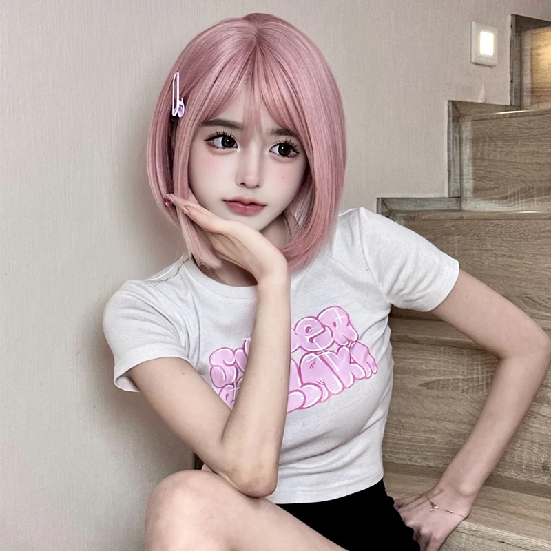 

Synthetic Wigs Natural Pink Bob with Bang Short Straight Colorful Cosplay Hair Wig for Women Daily Party Heat Resistant