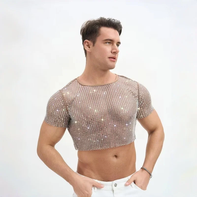 

Men's Nightclub Party Crop Top Hollow out See through Silver Black Diamond Mesh Short Sleeve Tank Top for Singer Stage Costume