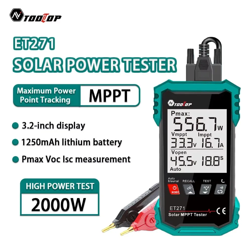 TOOLTOP Portable Solar Panel 2000W MPPT Tester Data Storage Photovoltaic Solar Power Meter Solar Battery Maintenance
