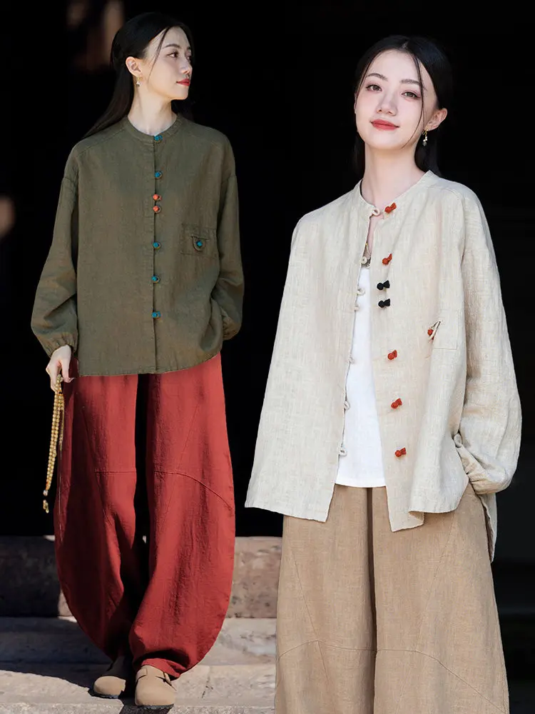 

Spring Summer Cotton Linen irt Coat Zen Sle Women's Faion New Arrival Casual Loose Fit Long Sve round Ne Open Card...