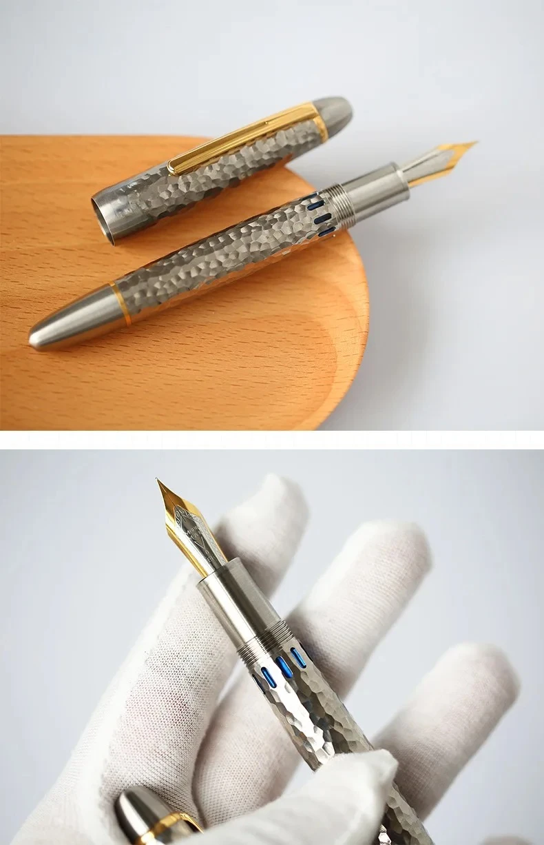 MAJOHN Titanlegierung Ti-136 Kolben-Füllfederhalter, rutschfest, EF/F, Metall, gebürstet, Hammermuster, Version, Schreiben, Geschenkstift, Schreibwaren – Detail 8