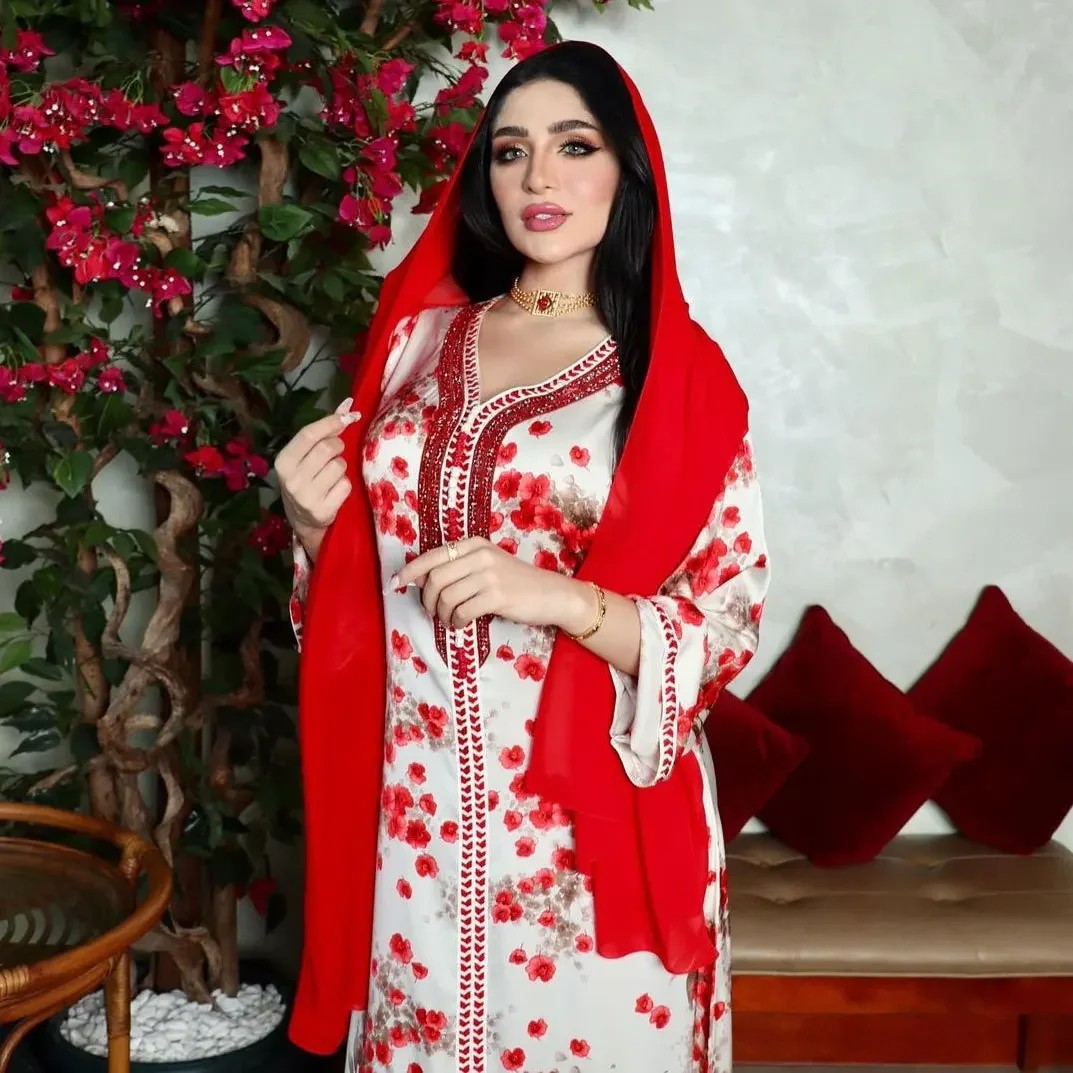 Abaya muçulmana estampa floral para mulheres, vestido de diamante, Dubai, árabe, Turquia, Marrocos, Kaftan, roupas islâmicas, vestido de robe, verão, 24, 2024