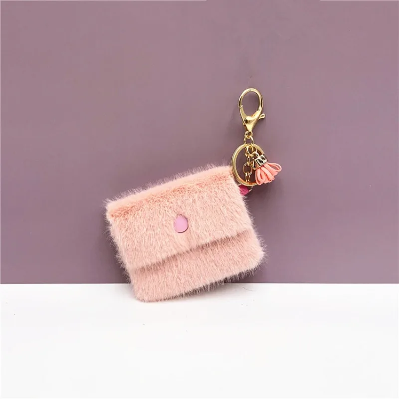Mini Candy Color Handbag Tassel Charm Keychain Cute Girls Fluffy Fur Pompom Women Key Holder Bag Keyring Jewelry Gift Key Bag