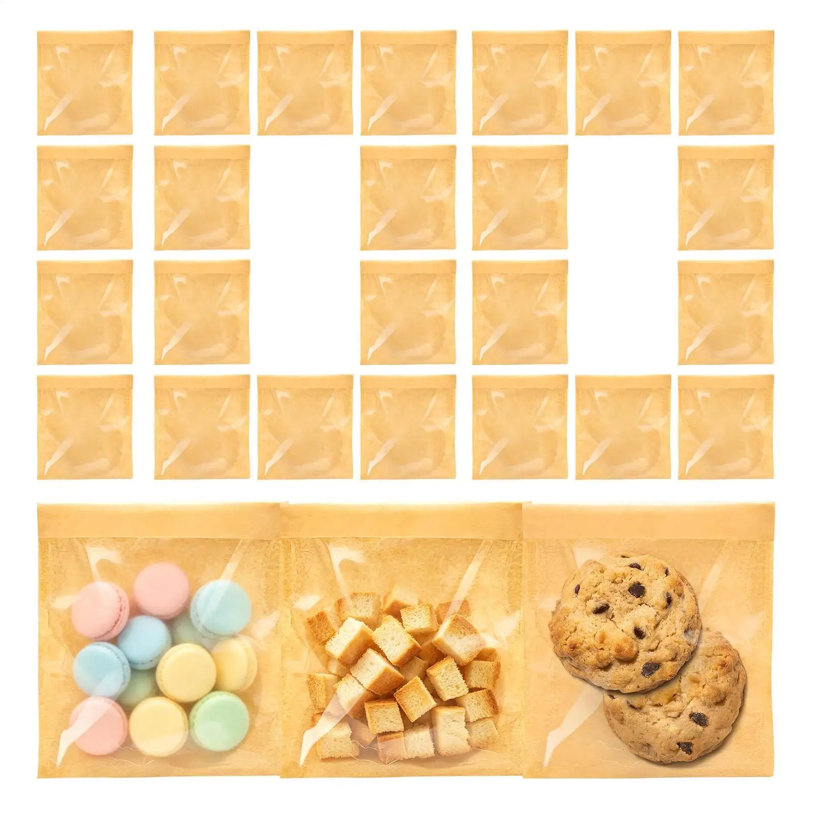 100Pcs Self-Sealing Cookie Bags Food Grade Bakery Paper Packaging Bags Clear Window Oil-Proof Sleeves For Bread Candy Macaron
