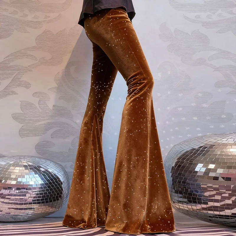 2026 Spring Casual Comforty Soft Velvet Pants Woman Elegant High Waist Slim Flared Pants New Autumn Diamonds Shiny Long Trousers