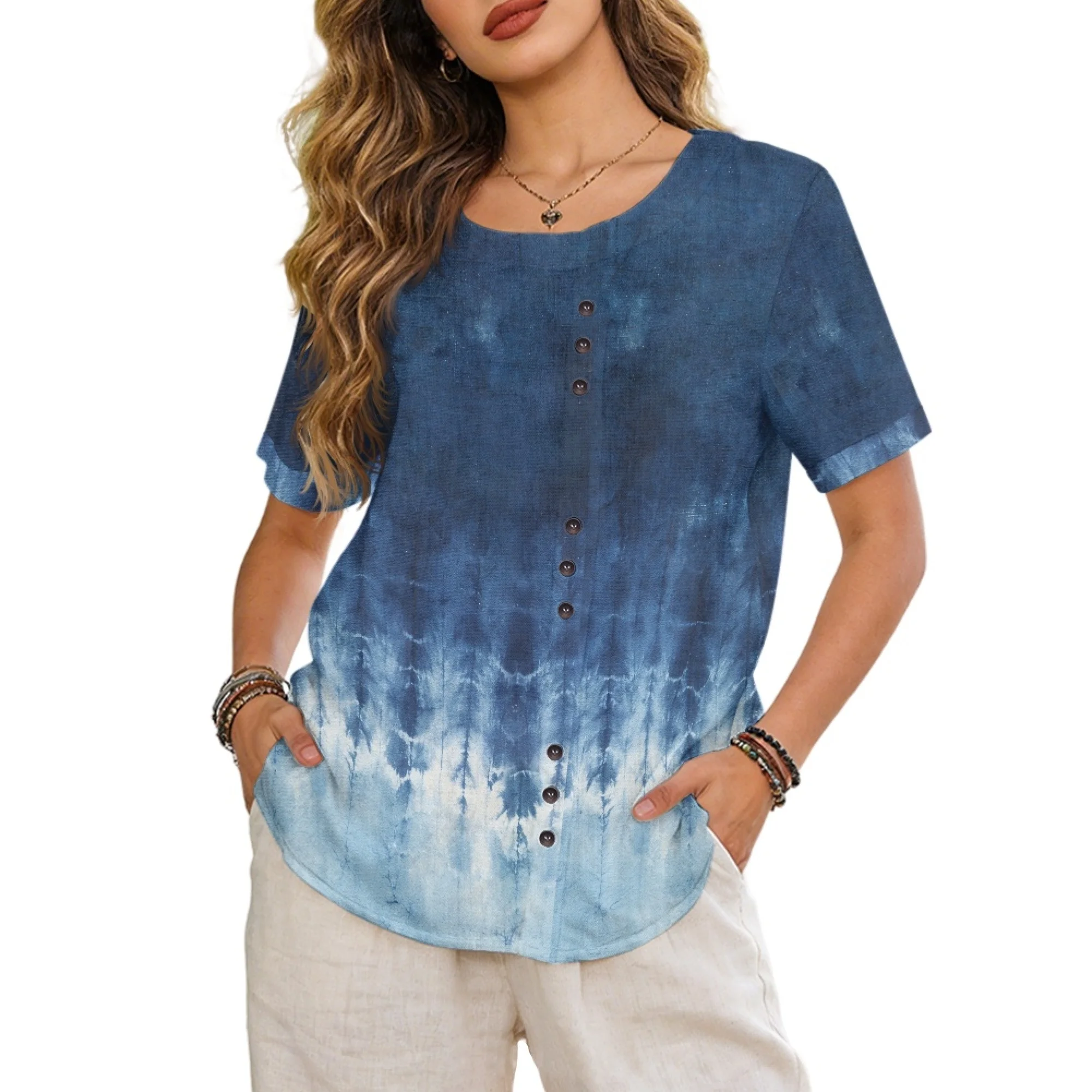 

INSTANTARTS Women's Linen Short-Sleeved Shirt Tie-Dye Women's Round Neck Linen Tops Blouse Summer Going out Tops for Women S-3XL