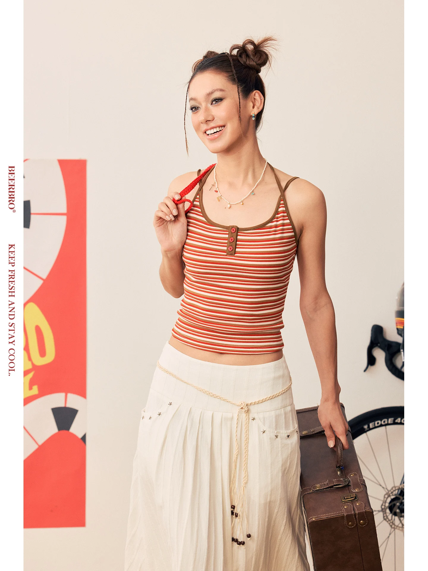 BeerBro Festival Casual Striped Color Block Neck Self-Contained Chest Pad Small Halter Women's Cotton Blend Tank Top