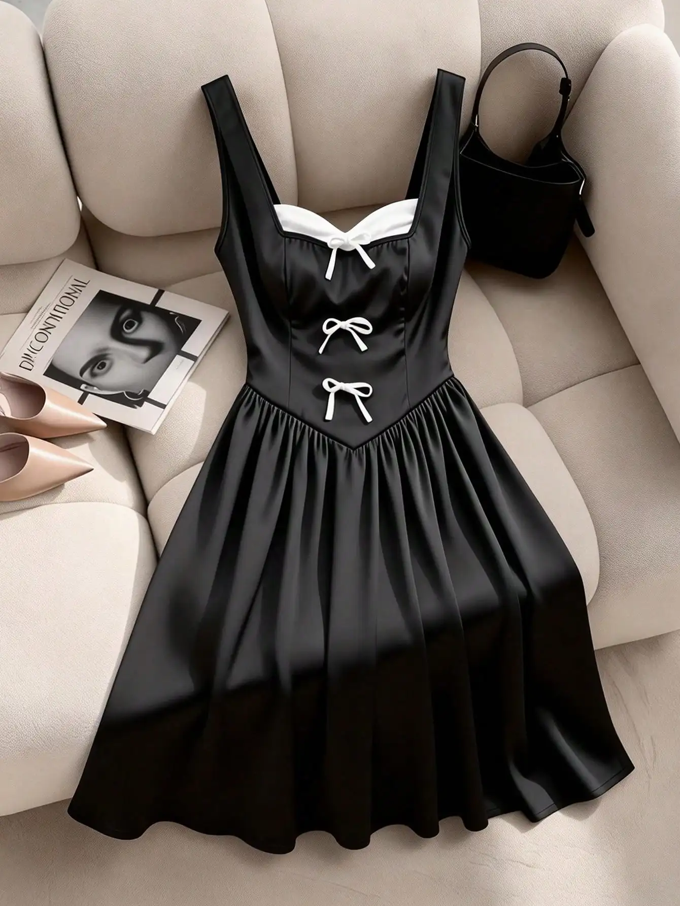 

Черное платье без рукавов с бантом и присборенной талией, повседневное платье А-силуэта для вечеринок