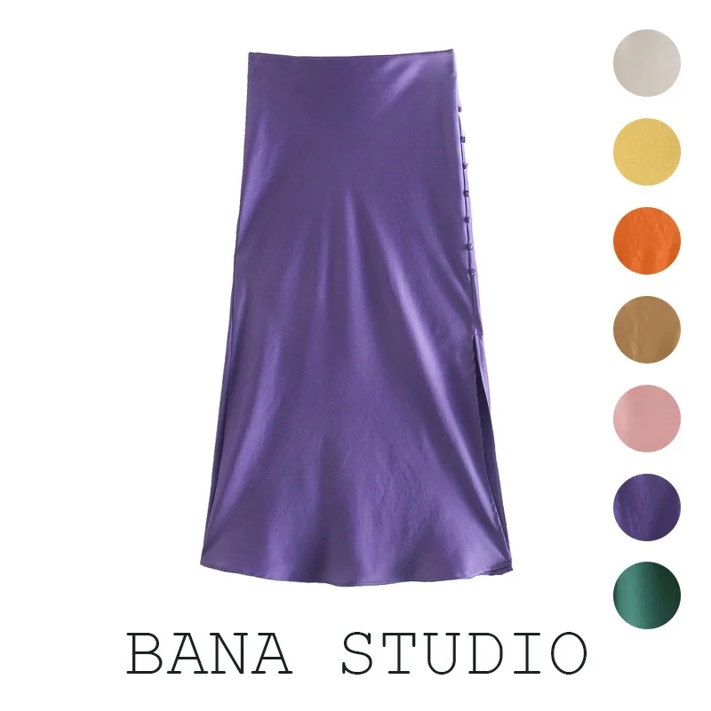 BANAins High Waist Long Split Satin Feel Skirt Women's Fashion Street Style Pure Color A-Line Midi Skirt with Zipper