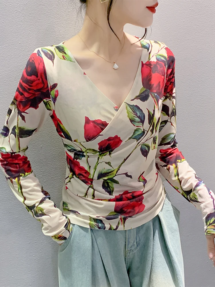 

Winsleter Streetwear Tshirt Long Sleeve Elastic Tees Women V Necks Floral Print Ruched Slim Mesh Top Autumn Spring T39102JM