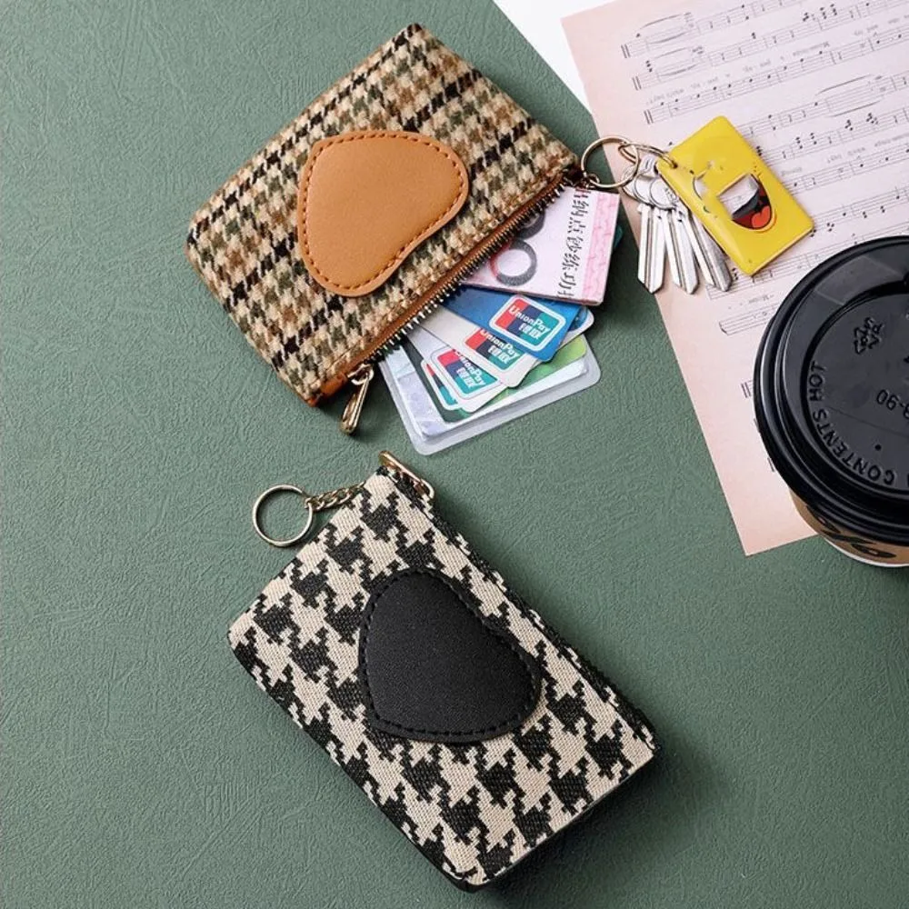 

Pu Leather Canvas Coin Purse Car Key Bag Printing Houndstooth Zipper Purse Money Clip Change Purse Short Style Wallet Travel