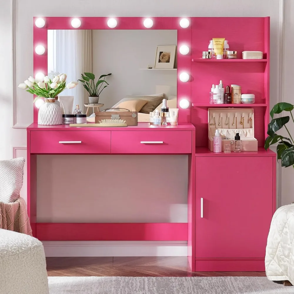 46.7IN Vanity Desk with Mirror and Lights, Dressing Table with 2 Large Drawer&Large Vertical Organizer, Suitable for Bedroom