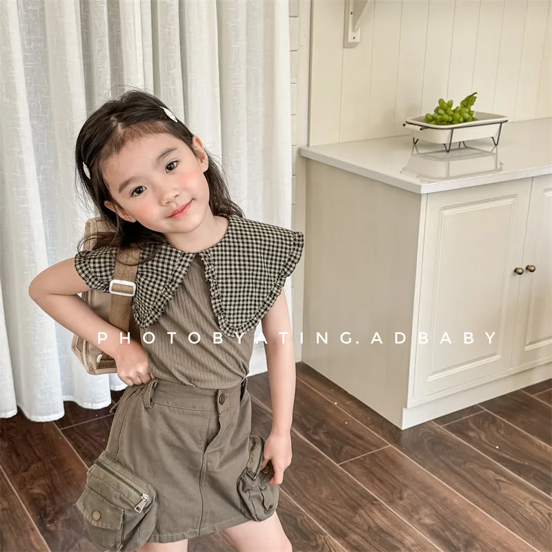 

2024 Summer New Children Sleeveless T Shirts Baby Girl Fashion Plaid Large Lapel Vest Toddler Cotton Bottoming Tops Kids Clothes