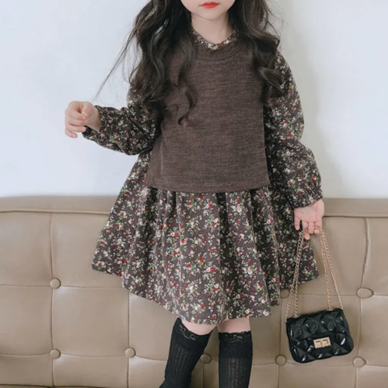 

Children's Clothing Elegant Versatile 2025 Spring and Autumn New Fashion Print Round Neck Long Sleeve Simplicity Casual Dress