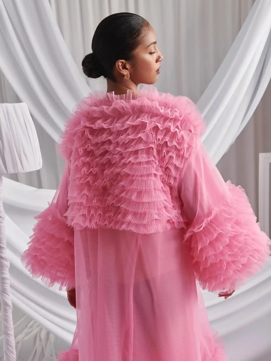 Urocze Różowe Sukienki na Bal z Falbankami 2025 Couture Sukienka na Sesję Urodzinową Bufiaste Długie Rękawy Organza Sukienka na Galę Imprezę Szyta na Miarę