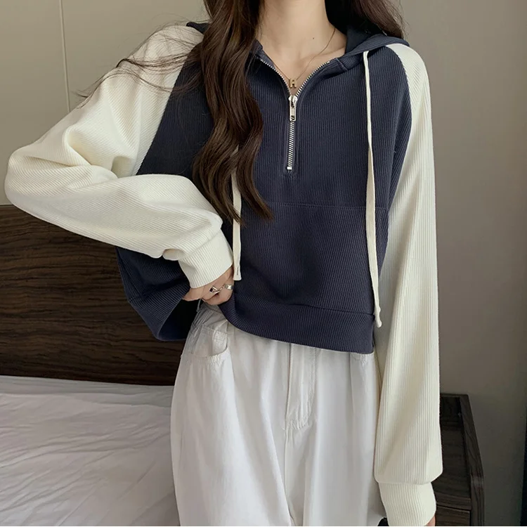 Spring Autumn Thin Long Sleeve Loose Base Layer Sun Protection Ribbed Zipper Hooded T-Shirt Women Causal