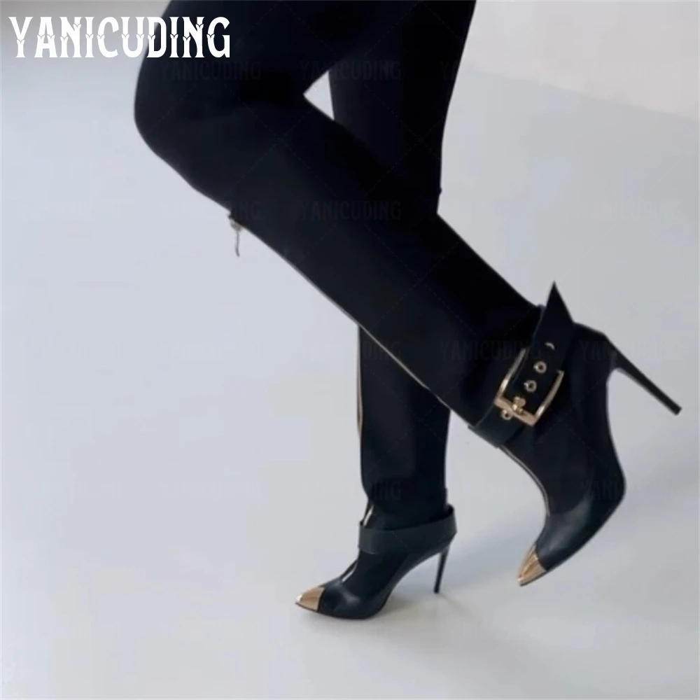 

Gold Metallic Pointed Toe Knee Boots Black Leather Buckle Punk Style Sexy Boots for Women Front Full Length Zipper Luxury Boots
