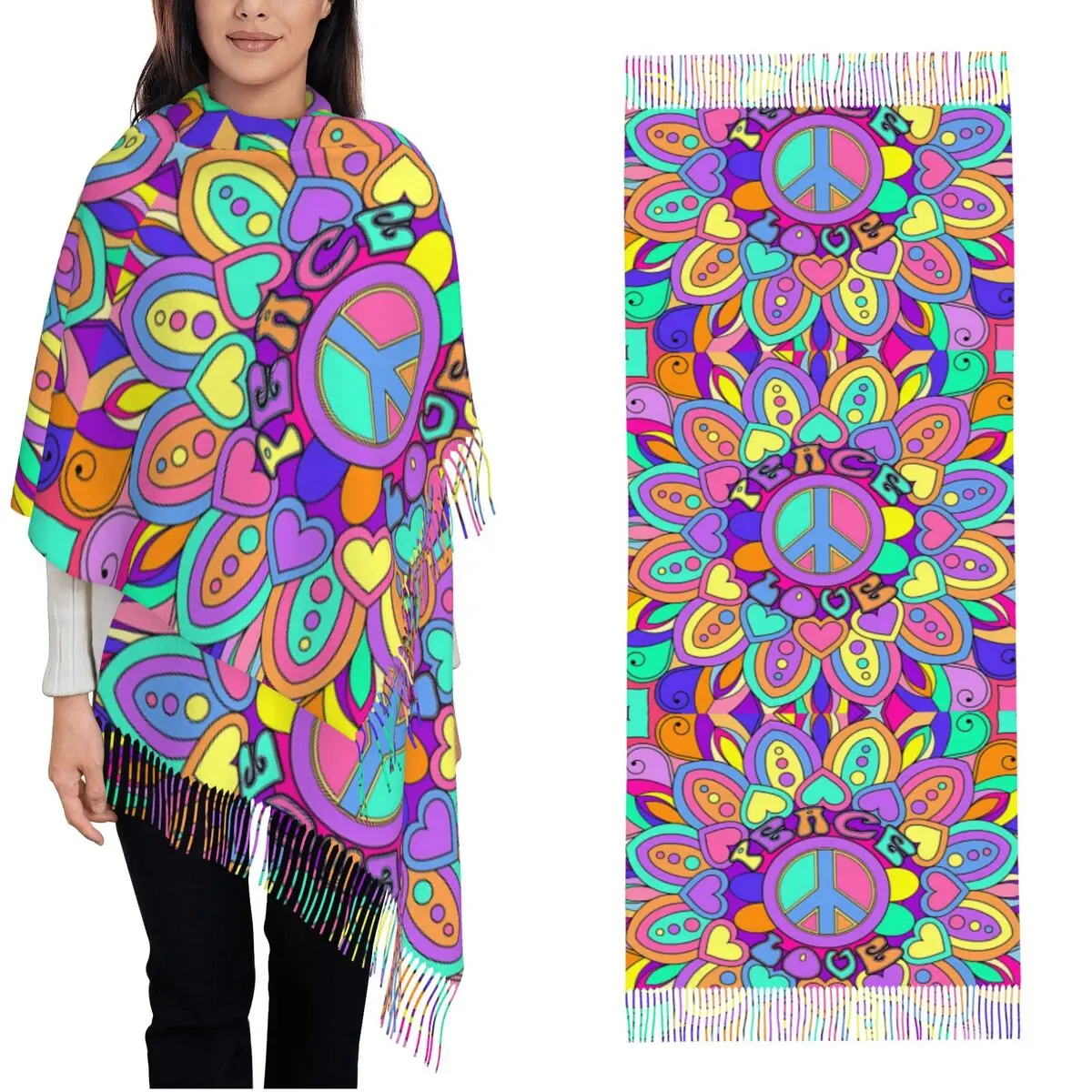 

Женский шарф с узором Peace Foral Love, зимне-осенняя шаль, загадочные большие шарфы с кисточкой для повседневной носки