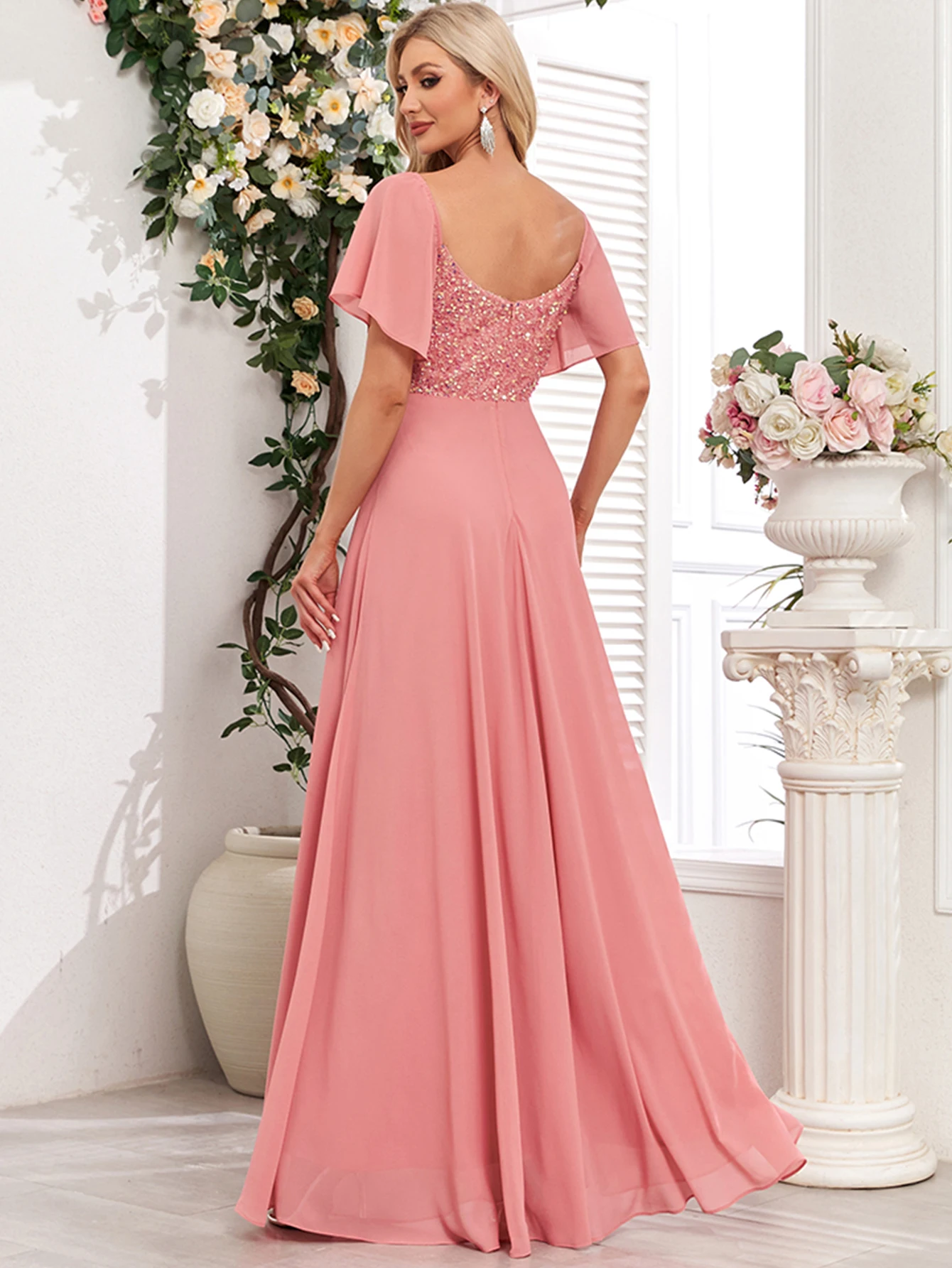 Sexy backless pink Chiffon long dresses women elegant luxury wedding prom evening dresses women sequin maxi summer dress vestido