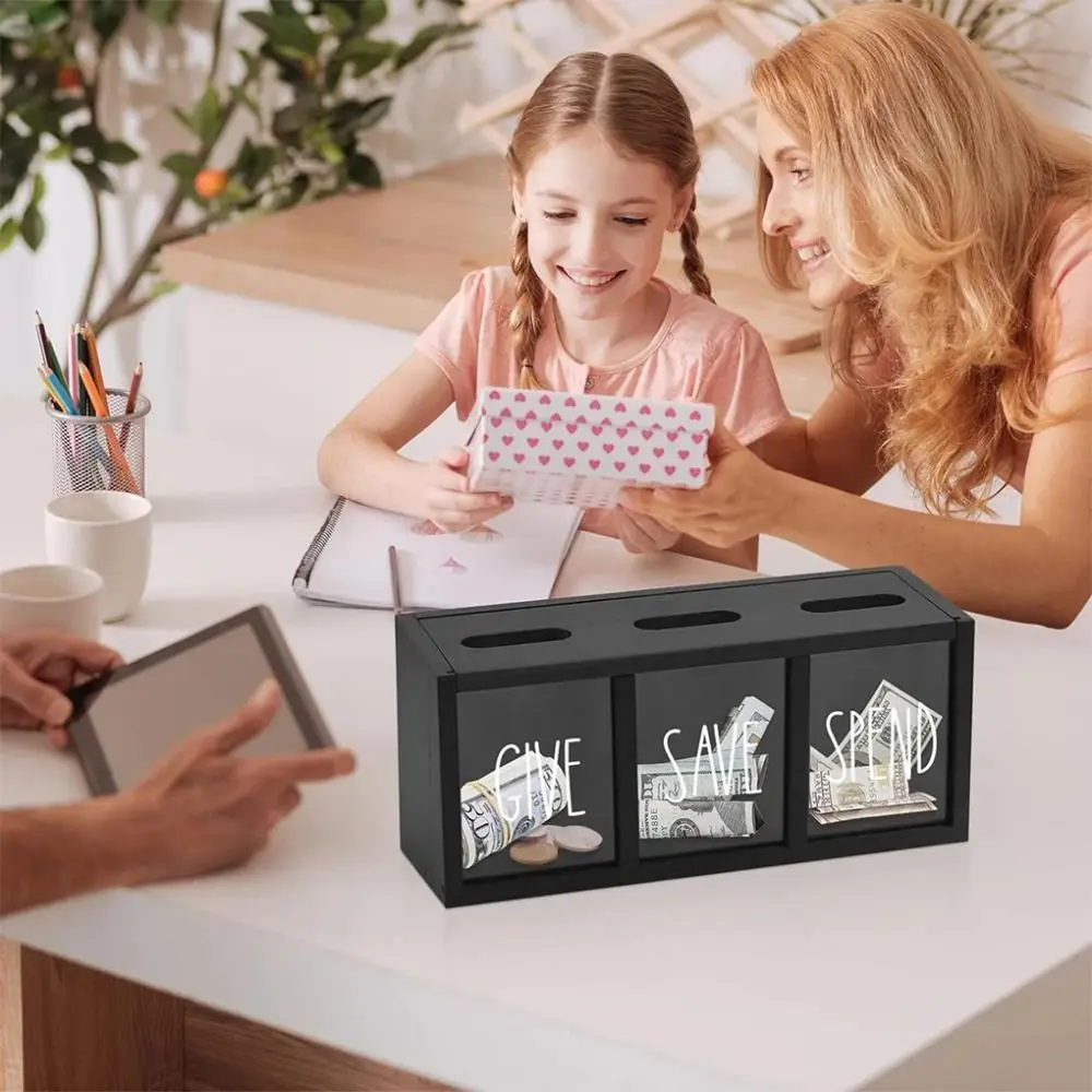 3 Compartments Wooden Money Saving Box Clearly Visualized Wall-Mount Design Coin Piggy Bank Large Capacity Reusable