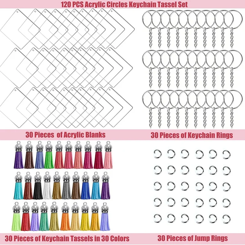 A56P-120 Pcs Square Acrylic Keychain Blanks Tassels Set Including Acrylic Blanks Silver