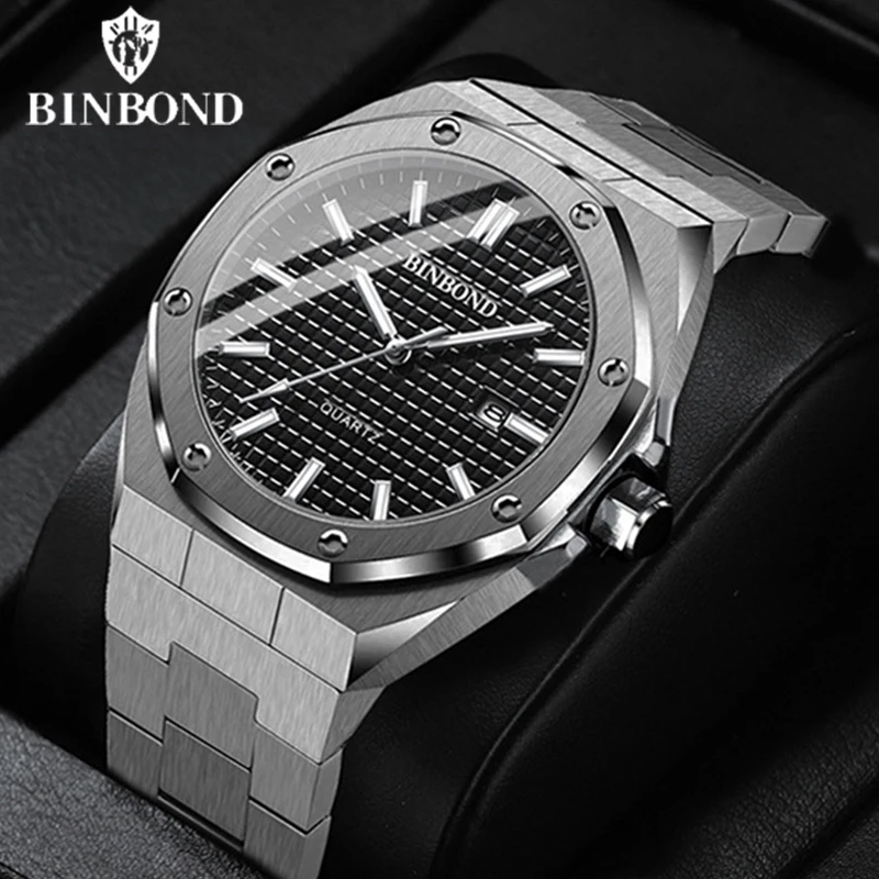 BINBOND Men\'s Watch Top Brand Royal Casual Men Big Dial Stainless Steel Calendar Quartz Wristwatch Classic Luminous Waterproof