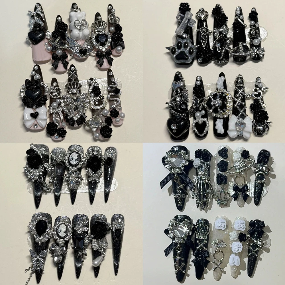 

Dark Punk Style Long Stiletto Handmade Wearable Press On Nails Heavy Metal Butterfly Bow Chain Flower Pearl Diamond False Nails