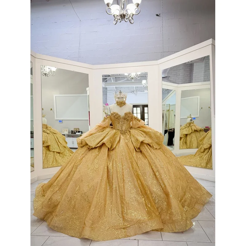 Gold Customized Gold Ball Gown 15 Year Old Quinceanera Dresses 2026 Off Shoulder Vestidos De Xv Años Party Prom Gown