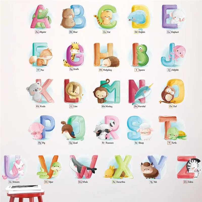 

Cute Animals With Letters Wall Stickers For Kids Room Home Decoration Diy English Alphabet Mural Art Pvc Decals Nursery Posters