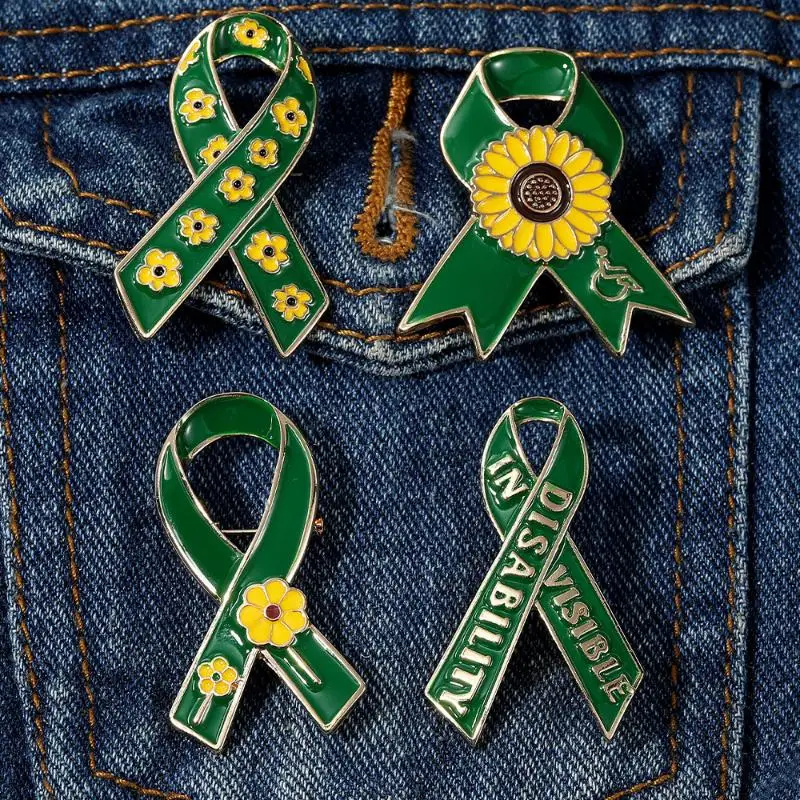 New Sunflower Pattern Red Ribbon Theme Lapel Pins Green Disability In Visible Enamel Brooches For Disabled Person