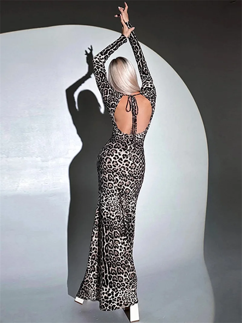 Sexy Backless Leopard Print Evening Dress Slim Fit  Tie Up High Waisted Party Gown Milk Silk Printed Buttocks Wrapped Prom Robes