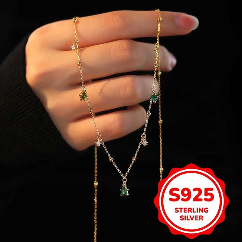 

s925 sterling silver green small square water drop necklace for women light luxury classic elegant fashion retro simple casual d