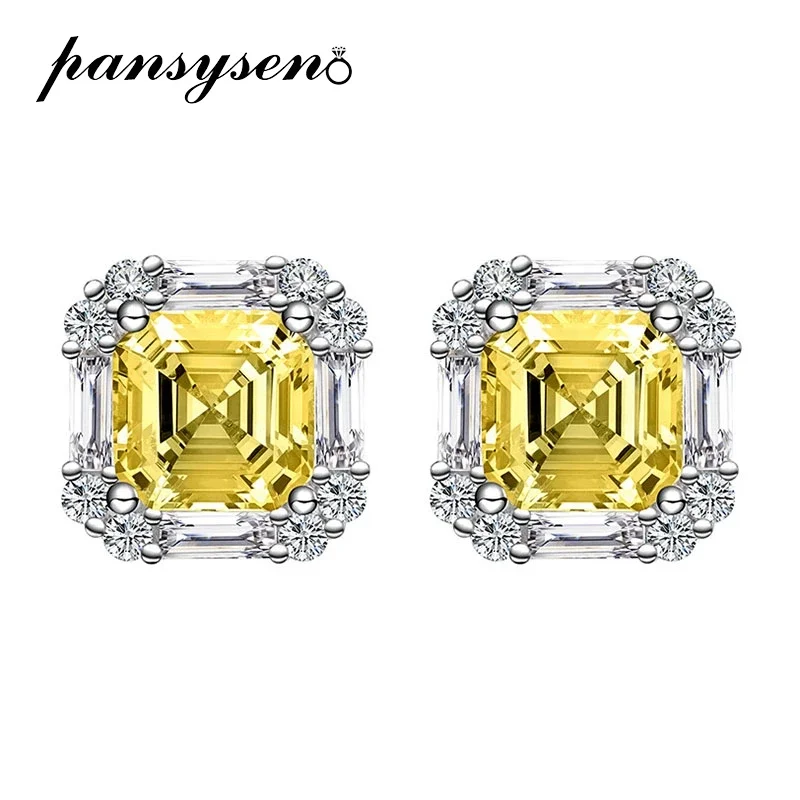 

PANSYSEN 100% 925 Sterling Silver 7*7mm Citrine High Carbon Diamond Ear Stud Earrings for Women Sparkling Party Fine Jewelry