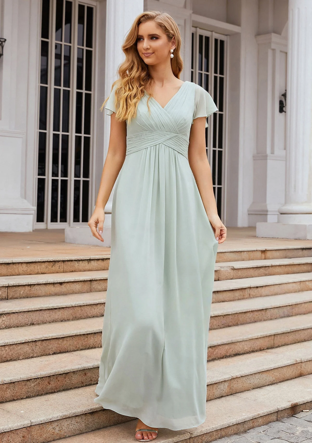 

Elegant Evening Dresses Solid Ruffle Trim Bridesmaid Dress Long Floor Length A-Line Formal Evening Gowns For Wedding Guest