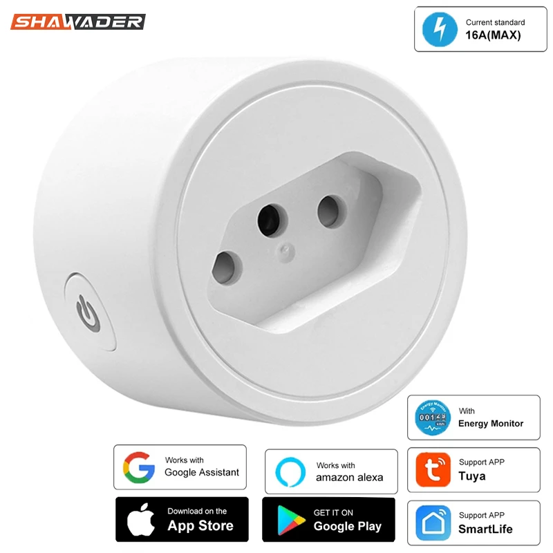 Shawader WIFi Tuya Smart Plug Brazil Power Socket 16A Outlet Surge Protector Energy Monitor Timer Voice Remote Alexa Google Home