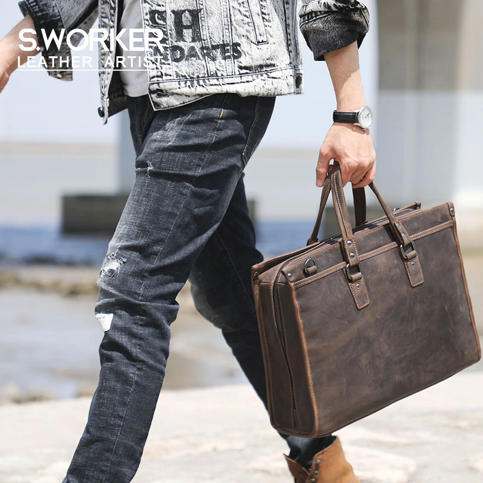 S.WORKER Vintage Echtleder Herren-Aktentasche 15“ Laptop-Handtasche Schultertaschen Retro Casual Stil – Detail 2